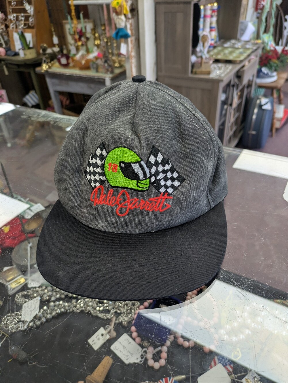 Vintage Dale Garrett Grey & Black Racing Cap with Neon Green Helmet Embroidery